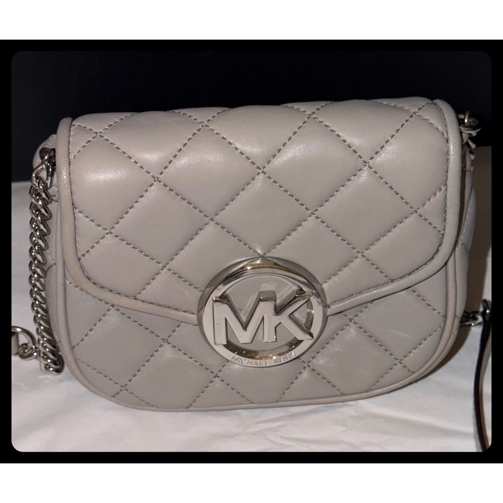 Michael Kors Crossbody Bag Womens Small Grey Quilted Leather Fulton Flap Purse